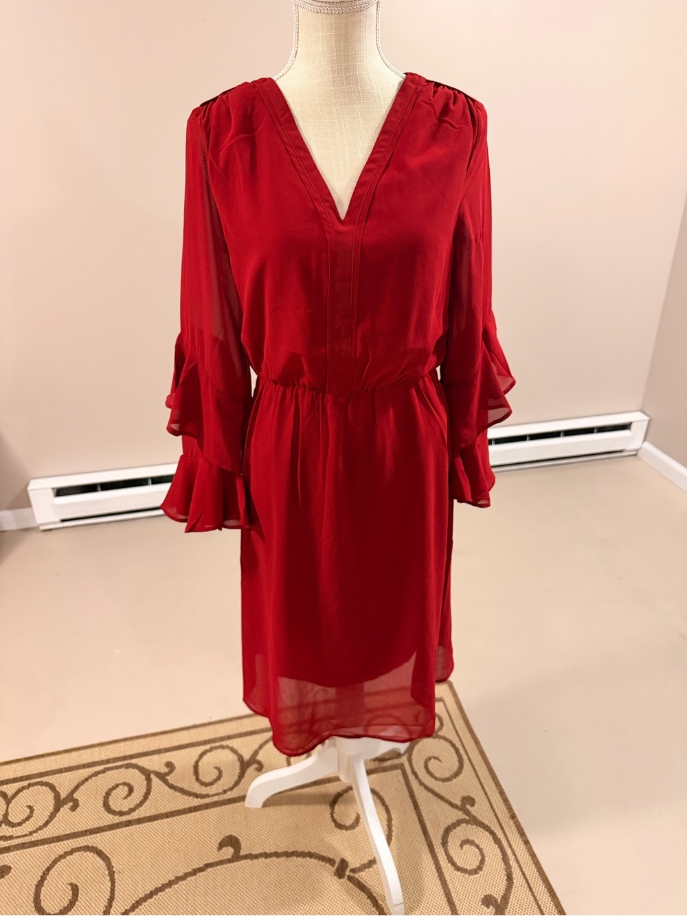 Red V-Neck Ruffle Sleeve Dress Size 4